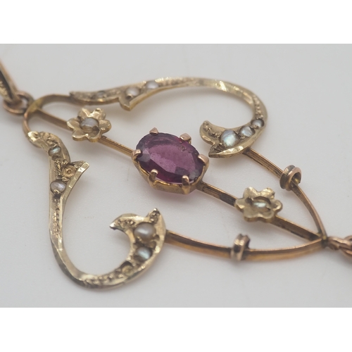 500 - A Victorian Amethyst/Peridot + Seed Pearl Necklace, 50mm x 26mm, Chain is rolled gold, chain weight ... 