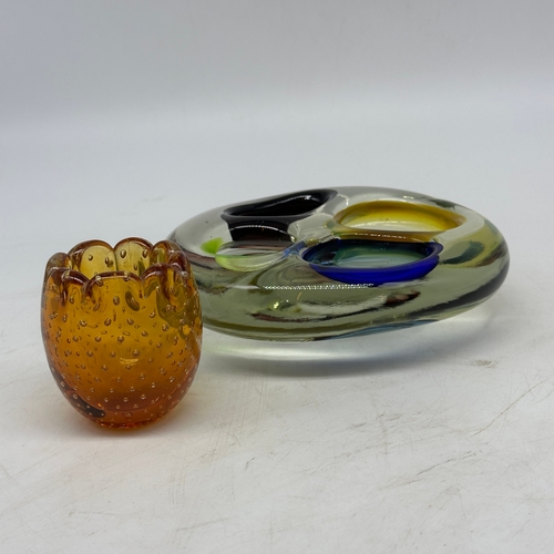 370 - A Murano retro glass dish, 6 inch diameter with amber colours, a small controlled bubble Whitefiars ... 