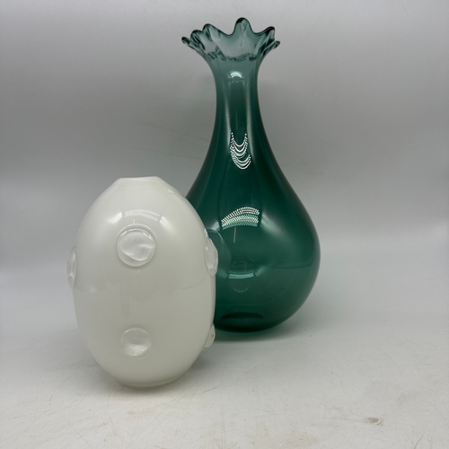 371 - Glassform vases, Green vase 11 inches high 6 inch diameter, White vase 6 inches high 4 inch diameter... 