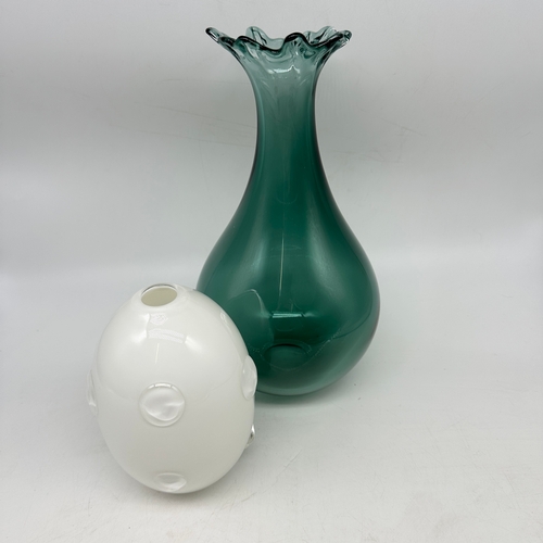 371 - Glassform vases, Green vase 11 inches high 6 inch diameter, White vase 6 inches high 4 inch diameter... 