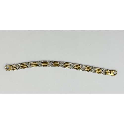 512 - A 9ct yellow gold diamond set bracelet with white gold links, 7 1/2 inches long and 8mm wide, weight... 