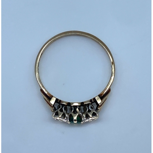 185 - A 9ct yellow gold emerald & diamond 3 stone ring, size M, weight is 1.4 grams approx