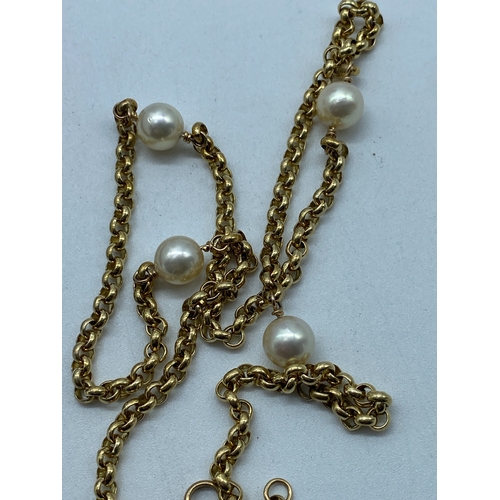 7 - A9ct yellow gold belcher cultured pearl necklace, heavy weight solid links, cultured pearls are 8 - ... 