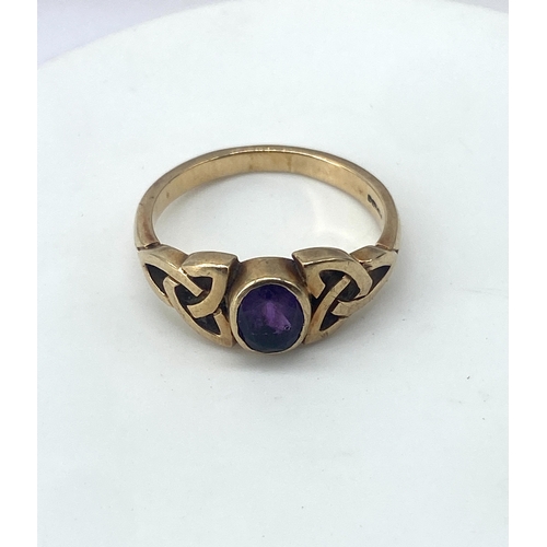 78 - A 9ct yellow gold amethyst dress ring, 3.8 grams approx weight, nice thick shank with a celtic desig... 