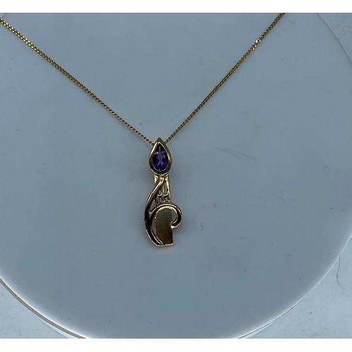 105 - A 9ct yellow gold amethyst pendant & chain, Scottish design on the pendant, weight is 2 grams approx... 