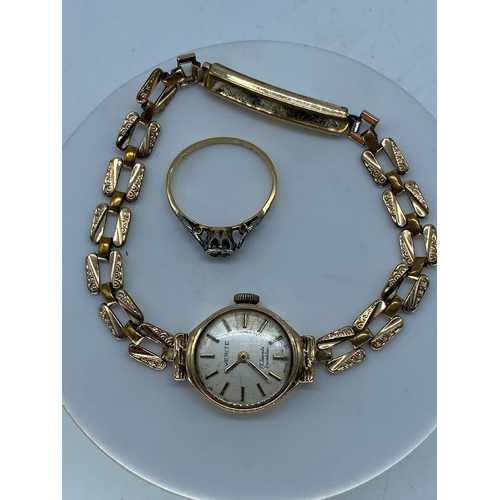 112 - An 18ct yellow gold & platinum ring & a vintage gold case watch, the ring weighs 1.6 grams approx, t... 