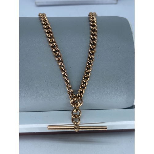 210 - A 9ct rose gold vintage Albert chain, 18 inches long, weight is 39 grams approx