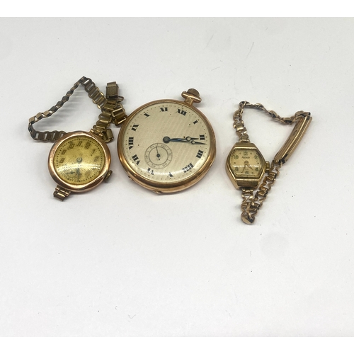 301 - 2x vintage 9ct gold case watches & a gold plated pocket watch, spares or repairs