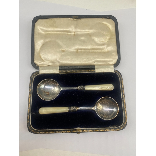 311 - Silver plated mother of pearl nursing spoons, in original case, mother of pearl handles, outer case ... 