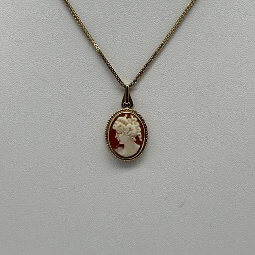 224 - A 9ct yellow gold cameo pendant and earring set, chain is 16 inches long, 5.5grams approx weight