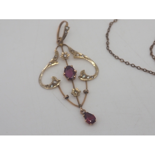 227 - A Victorian Amethyst/Peridot + Seed Pearl Necklace, 50mm x 26mm, Chain is rolled gold, chain weight ... 