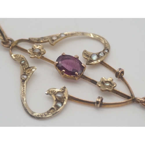 227 - A Victorian Amethyst/Peridot + Seed Pearl Necklace, 50mm x 26mm, Chain is rolled gold, chain weight ... 