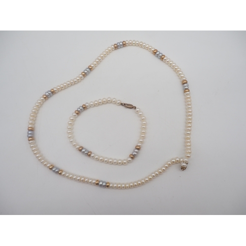 240 - A fresh water pearl necklace and bracelet set, 18 inches long necklace, white grey and gold pearls, ... 