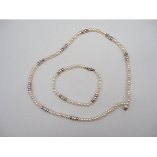 240 - A fresh water pearl necklace and bracelet set, 18 inches long necklace, white grey and gold pearls, ... 