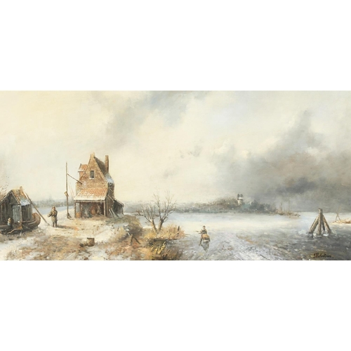 312 - British school (20th century), A winter river landscape with figures by a boathouse and buildings be... 