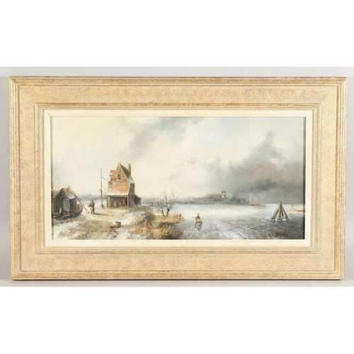 312 - British school (20th century), A winter river landscape with figures by a boathouse and buildings be... 