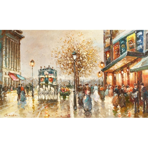 314 - 20th century continental school, An impressionist Parisian street scene with figures and a horse dra... 