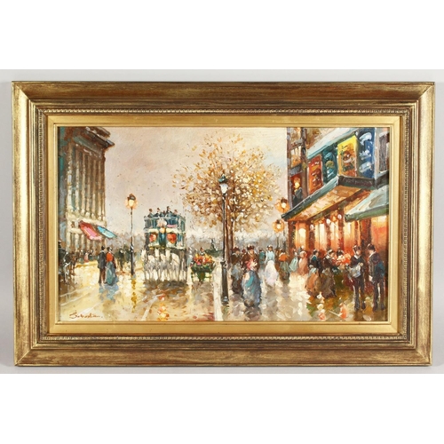 314 - 20th century continental school, An impressionist Parisian street scene with figures and a horse dra... 