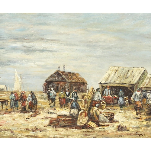 322 - 20th century continental school, A beach scene with figures at a Fish market, oil on board, signed '... 