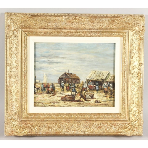322 - 20th century continental school, A beach scene with figures at a Fish market, oil on board, signed '... 