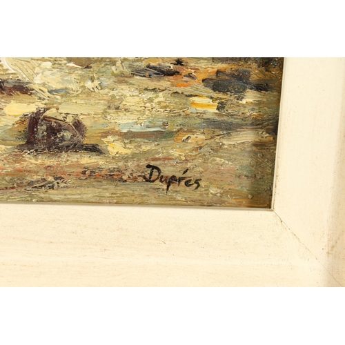 322 - 20th century continental school, A beach scene with figures at a Fish market, oil on board, signed '... 