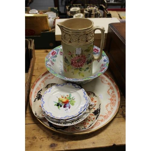 658 - Floral decorated plates, an hors d'oeuvres dish, a cabaret tray, a jug and a bowl.