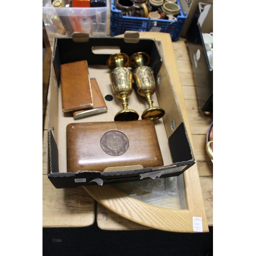 660 - A cased fan, a cigarette box, a pair of goblets etc.