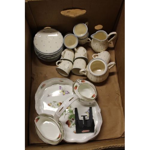 664 - A Coalport strawberry dish with sugar bowl and cream jug and a polka dot decorated coffee set.