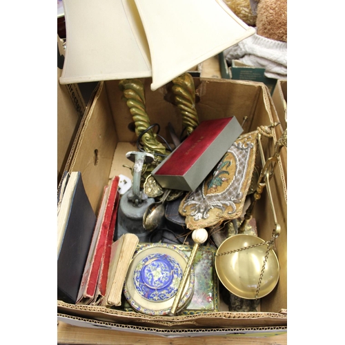 92 - Miscellaneous collectables to include a stool, a pair of lamps, a wooden tray, scales etc.