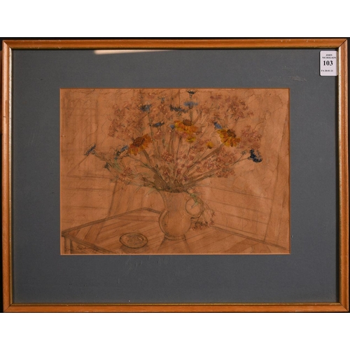 103 - English school, still life of mixed flowers in a jug, watercolour, indistinctly signed, 8