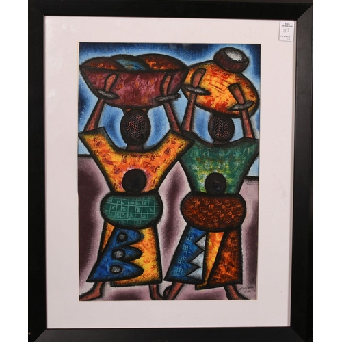 115 - South African school, a pair of paintings of women carrying baskets on their heads, mixed media, ind... 