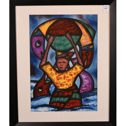 115 - South African school, a pair of paintings of women carrying baskets on their heads, mixed media, ind... 