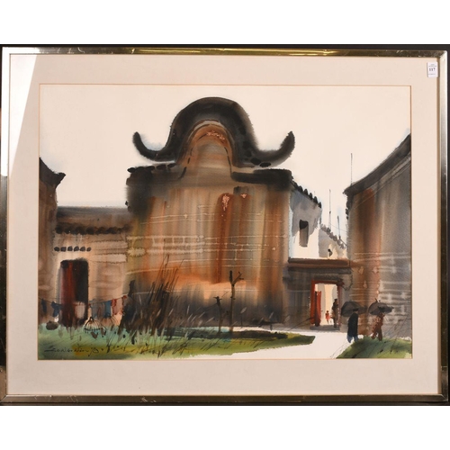 117 - 20th Century Chinese School, Study of a Temple, watercolour, indistinctly signed, 22