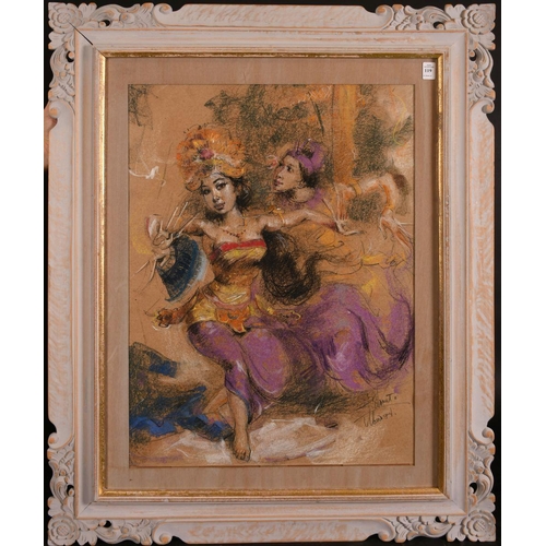 119 - Balinese school, a scene of two female dancers in traditional costume, pastel, and pencil in a carve... 