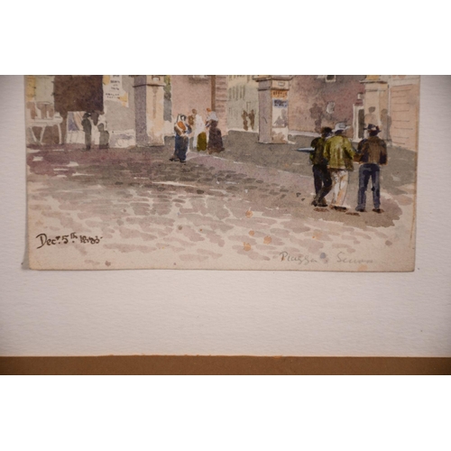 61 - 19th century continental school, figures in a piazza, watercolour, inscribed and dated 'Dec 5th 1883... 
