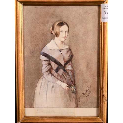 77 - 19th century French school, Three quarter length study of a young woman, watercolour, indistinctly s... 