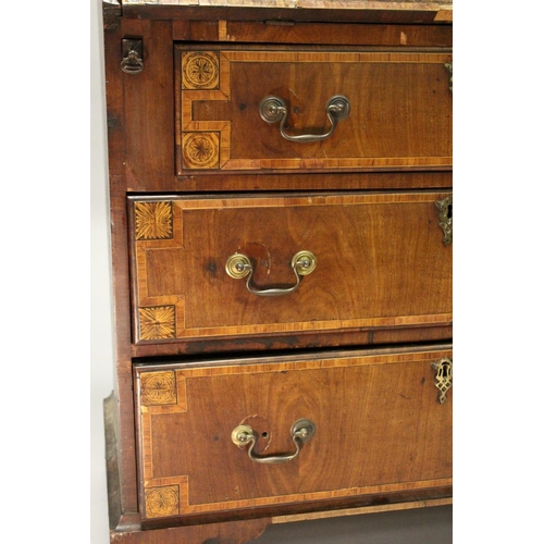 1002 - A GEORGE III MAHOGANY AND INLAID BUREAU, with a fall flap over three drawers, on bracket feet. 2ft 9... 