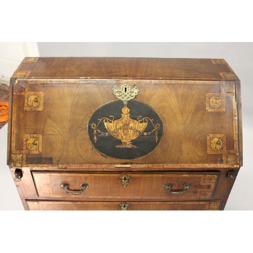 1002 - A GEORGE III MAHOGANY AND INLAID BUREAU, with a fall flap over three drawers, on bracket feet. 2ft 9... 