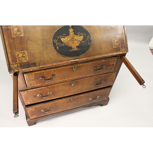 1002 - A GEORGE III MAHOGANY AND INLAID BUREAU, with a fall flap over three drawers, on bracket feet. 2ft 9... 