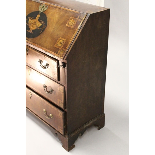 1002 - A GEORGE III MAHOGANY AND INLAID BUREAU, with a fall flap over three drawers, on bracket feet. 2ft 9... 