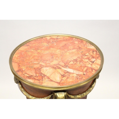 1007 - A GOOD LATE 19TH CENTURY MAHOGANY MARBLE AND ORMOLU GUERIDON, with a circular galleried rouge marble... 