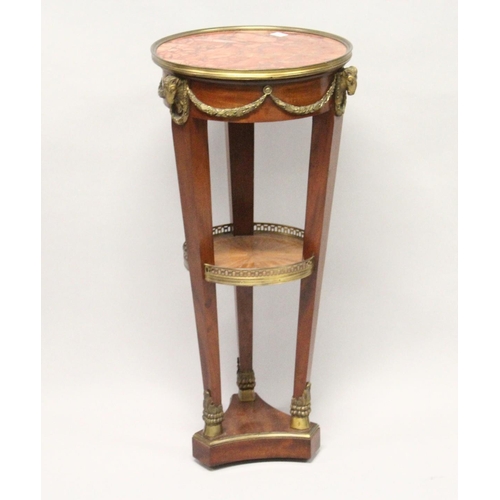 1007 - A GOOD LATE 19TH CENTURY MAHOGANY MARBLE AND ORMOLU GUERIDON, with a circular galleried rouge marble... 