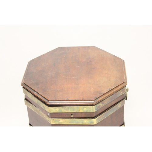 1010 - A GEORGE III MAHOGANY AND BRASS BOUND OCTAGONAL CELLARETTE , on tapering square legs. 1ft 8ins wide ... 