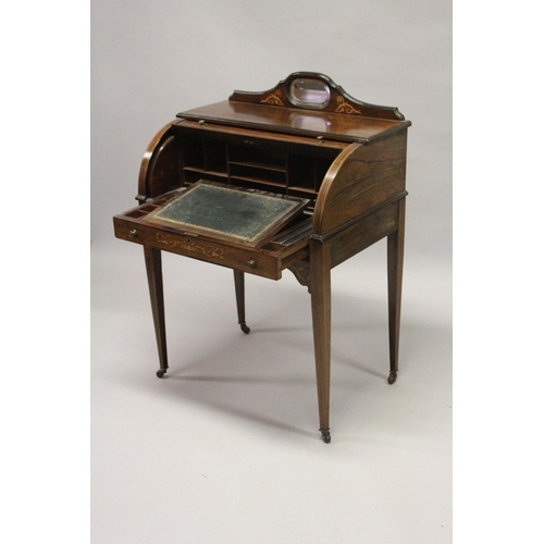 1012 - A LATE VICTORIAN ROSEWOOD AND MARQUETRY CYLINDER DESK, with a mirrored cresting rail, inlaid cylinde... 