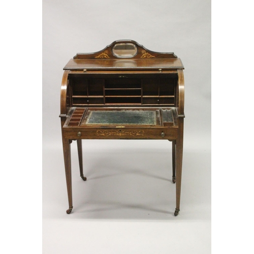 1012 - A LATE VICTORIAN ROSEWOOD AND MARQUETRY CYLINDER DESK, with a mirrored cresting rail, inlaid cylinde... 