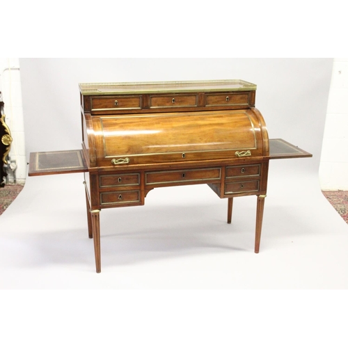 1014 - A GOOD 19TH CENTURY FRENCH EMPIRE MAHOGANY INLAID CYLINDER DESK, with galleried top, three small dra... 