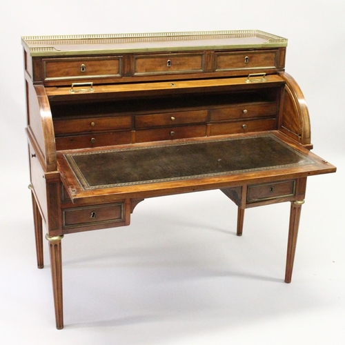 1014 - A GOOD 19TH CENTURY FRENCH EMPIRE MAHOGANY INLAID CYLINDER DESK, with galleried top, three small dra... 