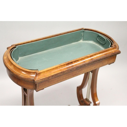 1015 - A SHERATON REVIVAL MAHOGANY AND INLAID JARDINIERE, rectangular top with rounded ends, removable pain... 