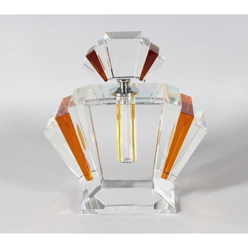 1056 - A LARGE ART DECO DESIGN AMBER FAN SHAPED SCENT BOTTLE AND STOPPER. 9.5ins high.