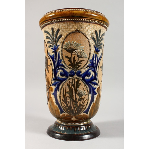 1078 - A SUPERB LARGE DOULTON LAMBETH STONEWARE VASE by FLORENCE E. BARLOW decorated with panels of birds. ... 